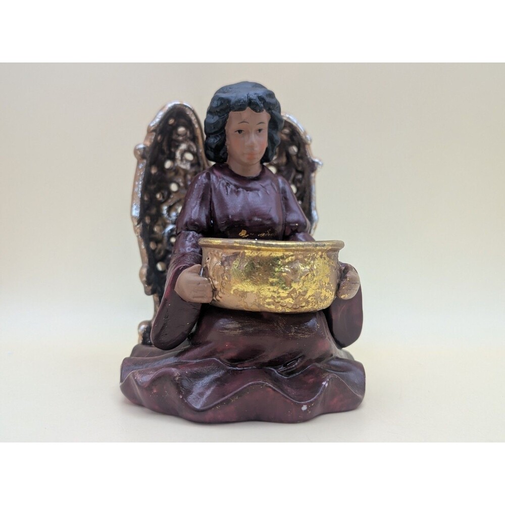 African American Angel Tea Light Holder Hand Painted Ceramic Christmas Decor VTG